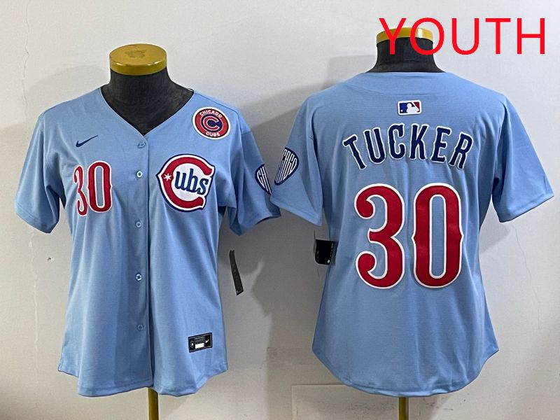 Youth 2025 Chicago Cubs #30 Tucker Light Blue Throwback Game Nike MLB Jersey style 1